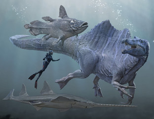 A 3D rendering of Spinosaurus and some fish it preyed on along with a scuba diver.