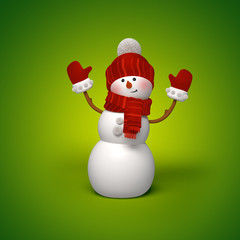 3d Christmas character, snowman looking at camera, waving hands, isolated on green background