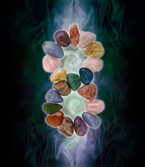 Infinity Crystals and spiralling energy - black background with a double spiral energy field behind...