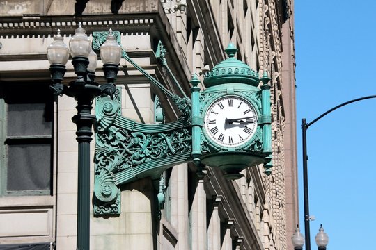 The Great Clock, Marshall Fields, Chicago, Intersection, Streets, Landmark, Bronze,  Ornamental Ironwork, Clock, Time, Building, Architecture, Old, Street, Hour, 