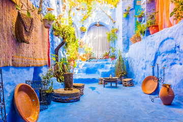 Traditionele Marokkaanse architectonische details in Chefchaouen Marokko, Afrika. Chefchaouen blauwe stad in Marokko.