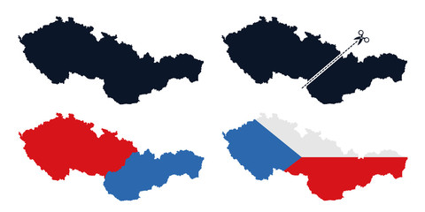 Fototapeta na wymiar Czechoslovakia - former state is separated into Czech Republic / Czechia and Slovakia after breaup. Dissolution and secession of European country in Central Europe. Vector illustration