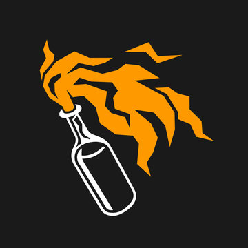 Molotov cocktail - incendiary weapon with flammable substance is thrown. Bottle is burning. Vector illustration