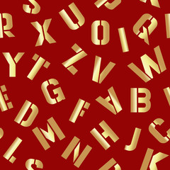Golden letters on a red background. Duplicate abstract seamless pattern. Vector illustration