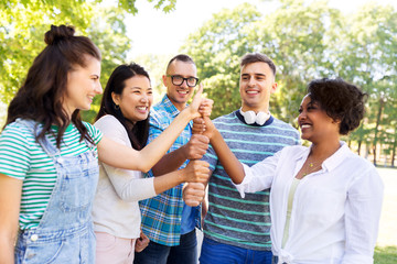 success, friendship and international concept - group of happy smiling friends making thumbs up in park