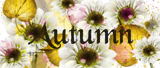 Autumn flowers Vector watercolor. Floral banner style decor poster card illustrations