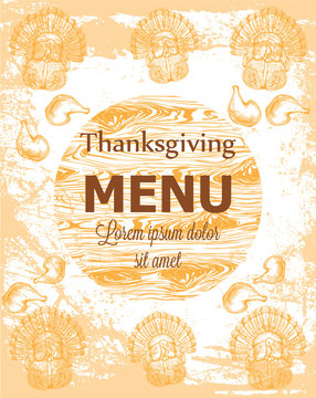 Happy thanksgiving card with turkey and pumpkins Vector. Line art grunge background detailed illustrations
