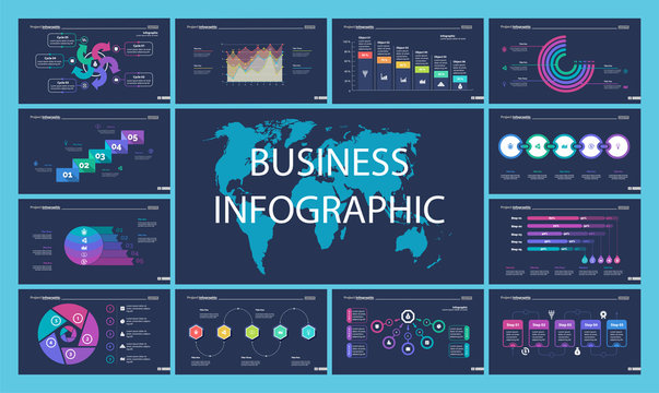 Business inforgraphic design set for management concept. Can be used for business project, annual report, web design. Process chart, option chart, scatter plot, pie chart, flowchart, donut diagram