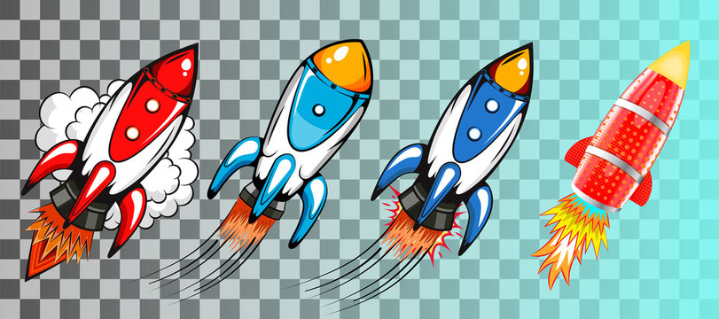 Set Of Rockets In Retro Pop Art Style Vector Illustration