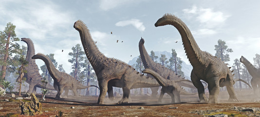 A 3D rendering of herd of Alamosaurus moving to a new area to feed. © Herschel Hoffmeyer