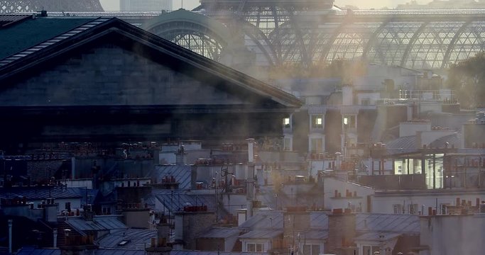 Cityscape And Air Pollution, Aerial View Of Paris Rooftops And Monuments, France, Europe - DCi 4K Resolution