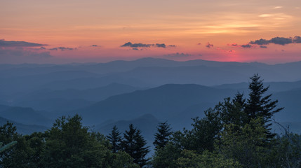 Great Smoky Mountains National Park, North Carolina, USA - July 4, 2018: Mountain layers full of...