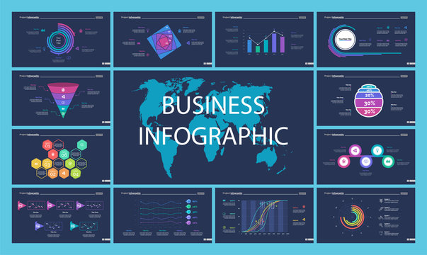 Project infographic design template set for stock and trade concept. Can be used for business project, annual report, web design. Option, process, line graphs, cycle chart, scatter plot, flowchart