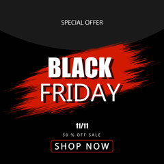 Black friday sale banner over black background. Red blot with text on black background. Black friday logo for banners, web pages, brochure layouts, headlines and flyers, design. Vector illustration.