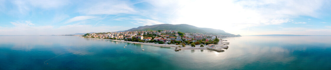 Fototapeta na wymiar Seafront view at west village near old city Split town, Dalmatian coast place view from the Adriatic Sea, Croatia. Coast line of hotels for tourist, quite and comfortable vacation location.