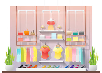 Interior scene of modern women clothing store , vector , illustration