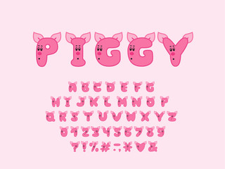 Alphabet piggy design. Upper case English letters. Bold font clip art, cartoon style. Vector illustration. EPS 10