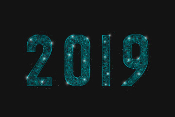 Abstract isolated blue image of  new year number 2019. Polygonal  low poly wireframe illustration looks like stars in the blask night sky in spase or flying glass shards. Digital web, internet design  © Katsiaryna
