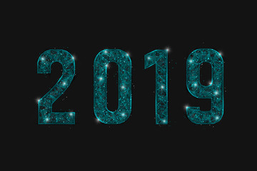 Abstract isolated blue image of  new year number 2019. Polygonal  low poly wireframe illustration looks like stars in the blask night sky in spase or flying glass shards. Digital web, internet design  © Katsiaryna