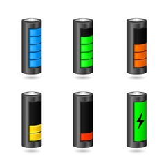 Vector set of realistic smartphone battery indicator from low to full, isolated on white background.