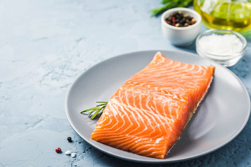 Smoked salmon on plate. Selective focus, space for text.