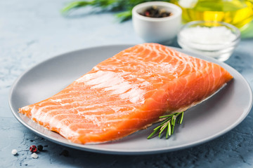 Smoked salmon on plate. Selective focus, space for text.