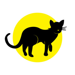 Vector Illustration. Silhouette cat on yellow circle. Shadow-figure isolated cat icon