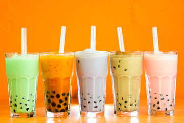Five colour five flavour Boba smoothy milk tea with tapioca balls.