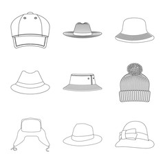 Vector design of headgear and cap icon. Collection of headgear and accessory stock vector illustration.