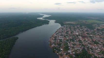 Oiapoque city in Brazil along the Oiapoque River. Drone aerial view