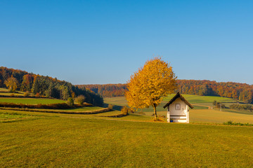 Small chapel on the right side in autumn landscape and with colorful foliage