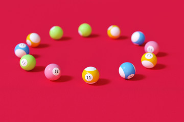 3d rendering red billiard table top view balls sport theme.