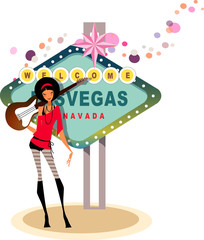 Woman holding a guitar in front of a welcome signboard, Las Vegas, USA