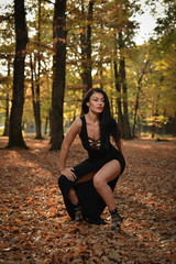 Beautiful woman wearing a long black dress posing in the woods on a sunny autumn afternoon.