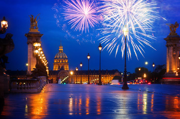 Alexandre III Bridge at night with fireworks, Paris, France