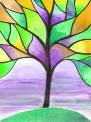 Stylization of the tree. Watercolor. Illustration for children. Use printed materials, signs, objects, websites, maps, posters, postcards, watercolor.