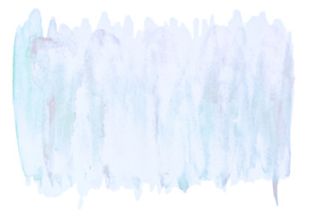 Blue pastel watercolor hand-drawn isolated wash stain on white background for text, design. Abstract texture made by brush for wallpaper, label.