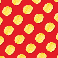 Potato chips pattern on red background top view flat lay