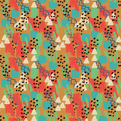 Modern hand draw colorful abstract seamless pattern with geometrical shapes: circles, triangles, lines. Vector illustration.