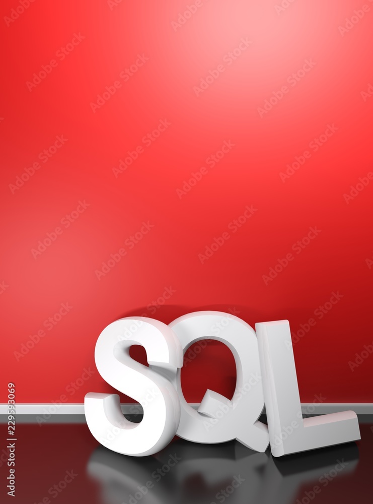 Poster sql white 3d write at red wall - a4 book format - 3d rendering