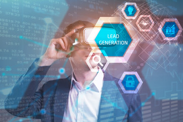 Business, Technology, Internet and network concept. Young businessman working in virtual reality glasses sees the inscription: Lead generation