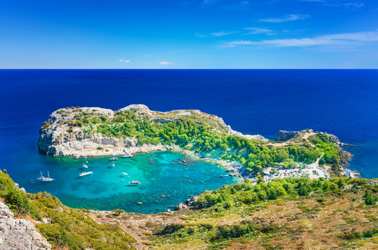 Panoramatic view of Anthony Quinn bay and Mediteranean sea (Rhodes, Greece)