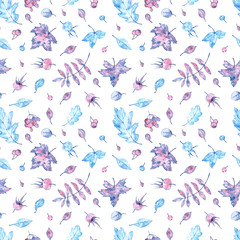 Fototapeta premium Pattern with watercolor winter leaves. Frozen autumn.