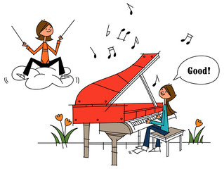 Side profile of a woman playing a piano with another woman sitting in front of her