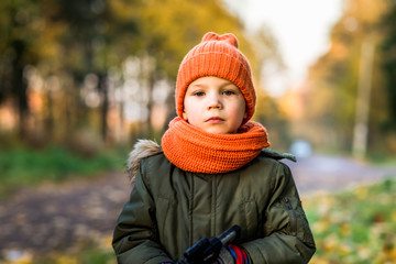 boy in orange hat and scarf in Park in autumn - 229596016
