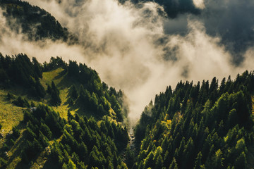 Carpathian Mountains peaks on a foggy autumn morning. Bucegi Mountains, Romania