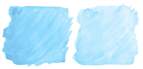 Fototapeta premium Blue pastel watercolor hand-drawn isolated wash stain on white background for text, design. Abstract texture made by brush for wallpaper, label.