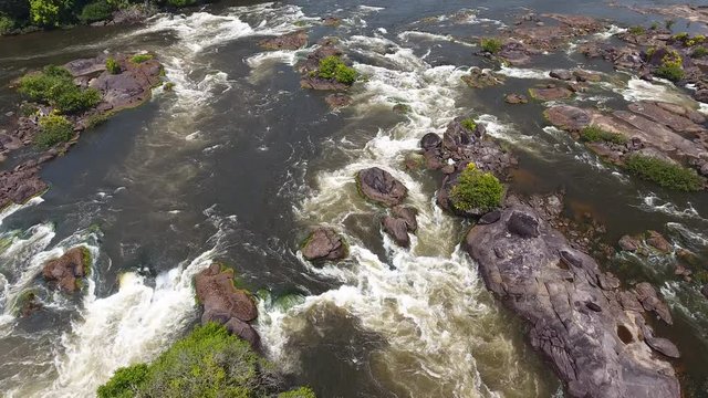 Drone flight over rapids (saut Maripa) Oiapoque River French Guiana Brazil 