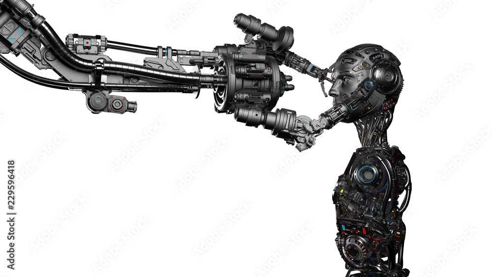 Poster futuristic robot man being constructed by robotic arm or cyborg under construction. isolated on whit