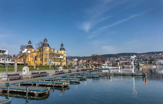 View of the waterfront in village Velden at Worthersee, Austria
